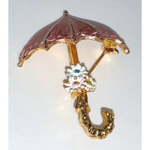 Vintage BJC Umbrella‎ Brooch Pink Enamel Gold Tone Flower Accent 1.75"